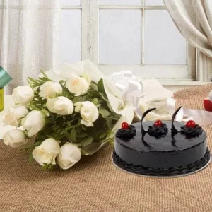 10 white roses & chocolate cake 500gm