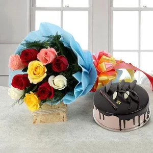 10 mix roses & chocolate cake 500gm