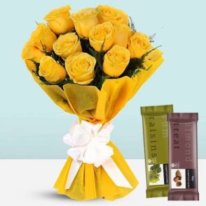 Send Flowers to Hoshiarpur 17 Radiant Yellow Rose Bouquet with Chocolates
