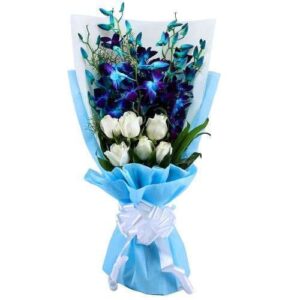 Send Flowers to Hoshiarpur 22 Elegant Blue Orchids N White Roses Tissue Wrapped Bouquet
