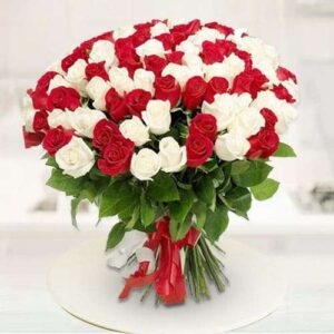 Send Flowers to Hoshiarpur 1 Fresh Cut Red N White Roses Bouquet