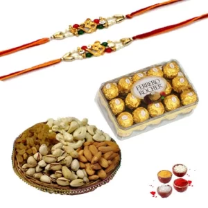 Send Gifts to Jalandhar 3 Rakhi With Chocolate, Dry Fruits